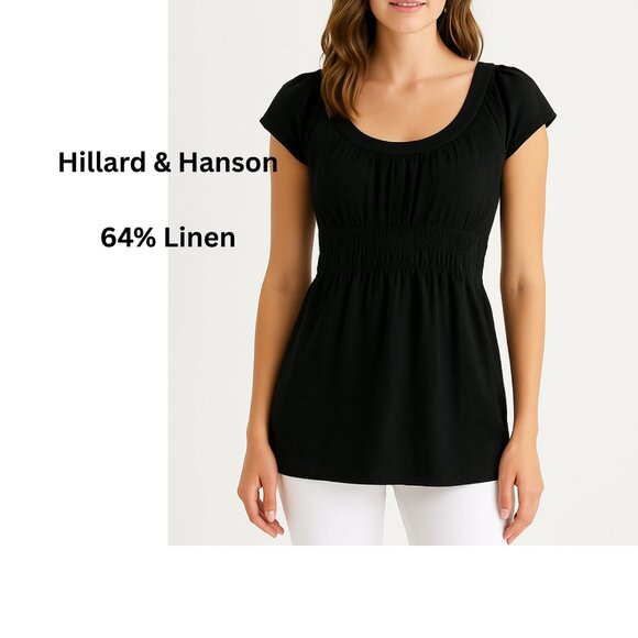 Hillard & Hanson Black Linen Blend Tunic Top Cap Sleeve Empire Waist size S - Picture 2 of 12